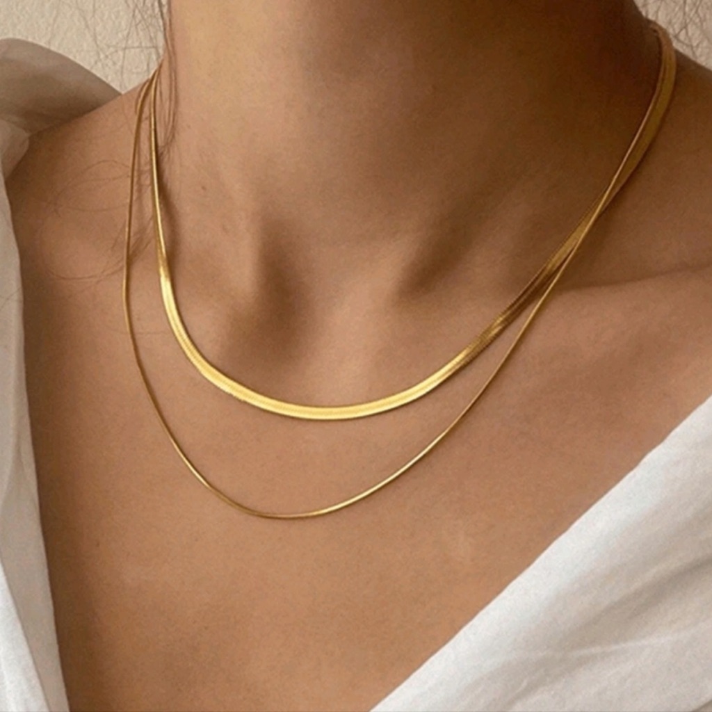 New 18k Gold Plated Flat Snake Chain Choker Necklace Set 1 Piece